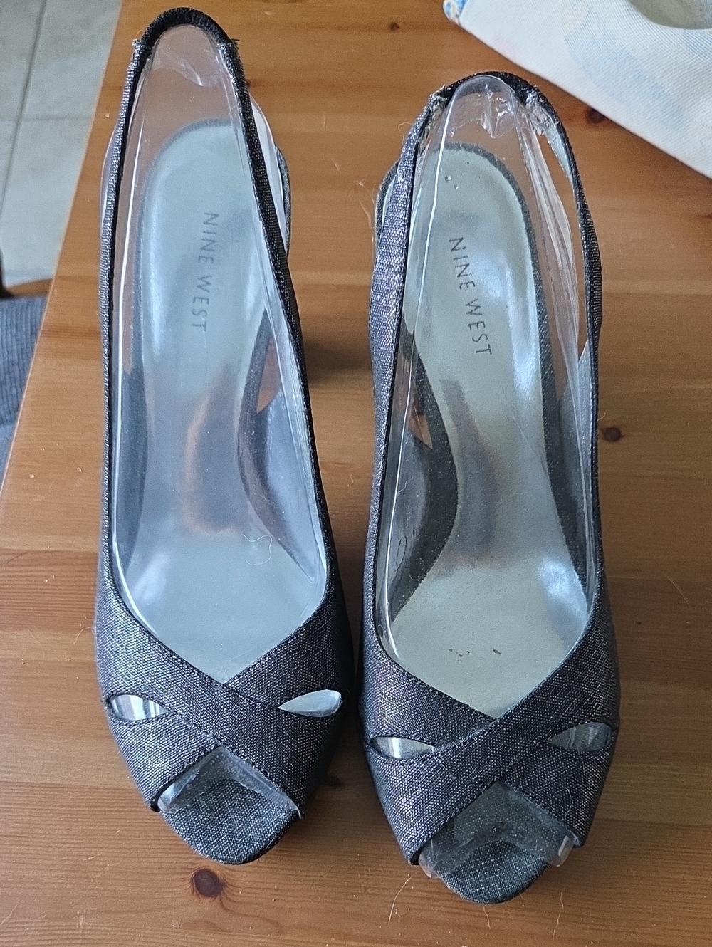Nine West Metallic Silver Peep-Toe Slingback Heels